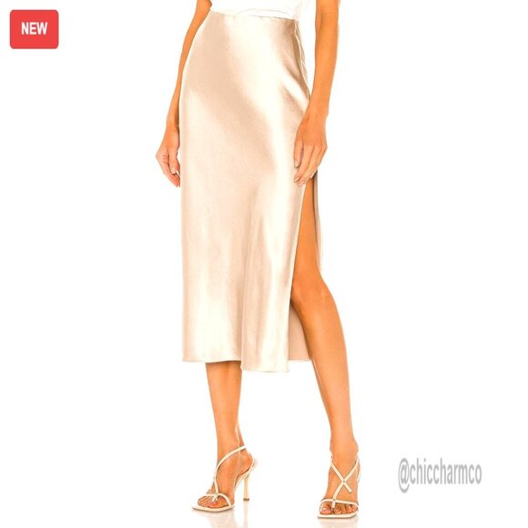 Dresses & Skirts - Satin Silk Midi Skirt High Waist Side Slit Elastic Waistband Flowy